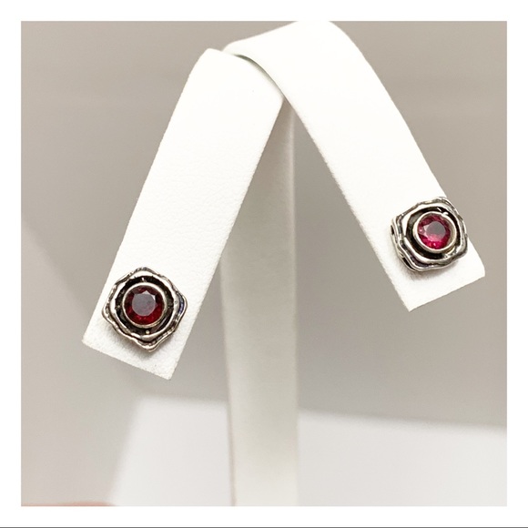 Vintage Jewelry - Vintage sterling silver and faceted garnet boho stud earrings